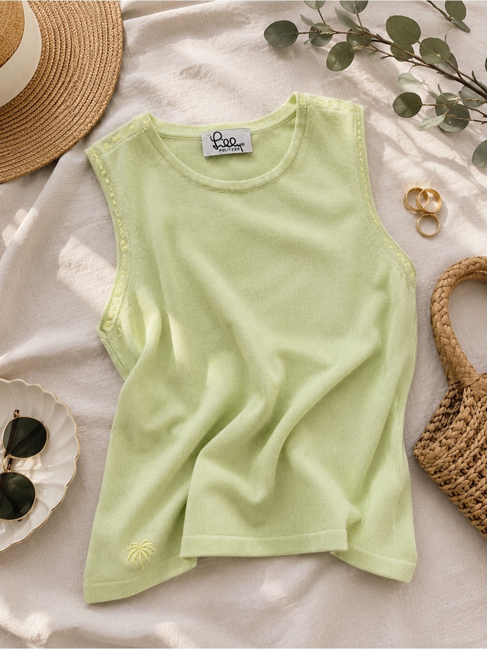 Lilly Pulitzer Lime Green Sleeveless Knit Tank Top Palm Tree Preppy Resort Sz M